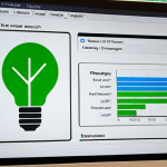 ** A computer screen displaying a power management software interface. The interface shows options for automatic shutdown/startup, sleep/hibernate modes, and background app management. Energy saving icons (like a lightbulb or leaf) are subtly incorporated into the design. The overall tone is clean and efficient.

**
