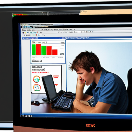 Home 14 A stressed person in front of a computer with a CPU usage graph showing 100%. The background should be a cluttered desk with many open browser tabs. The overall mood is frustration and slow performance.