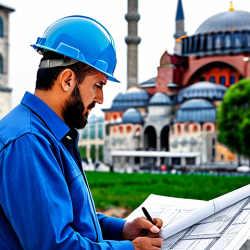 Home 17 **
"A professional architect, fully clothed in modest work attire, reviewing blueprints on a construction site in Istanbul. The Hagia Sophia is visible in the background. Safe for work, appropriate content, perfect anatomy, natural pose, high resolution, professional photography."
**